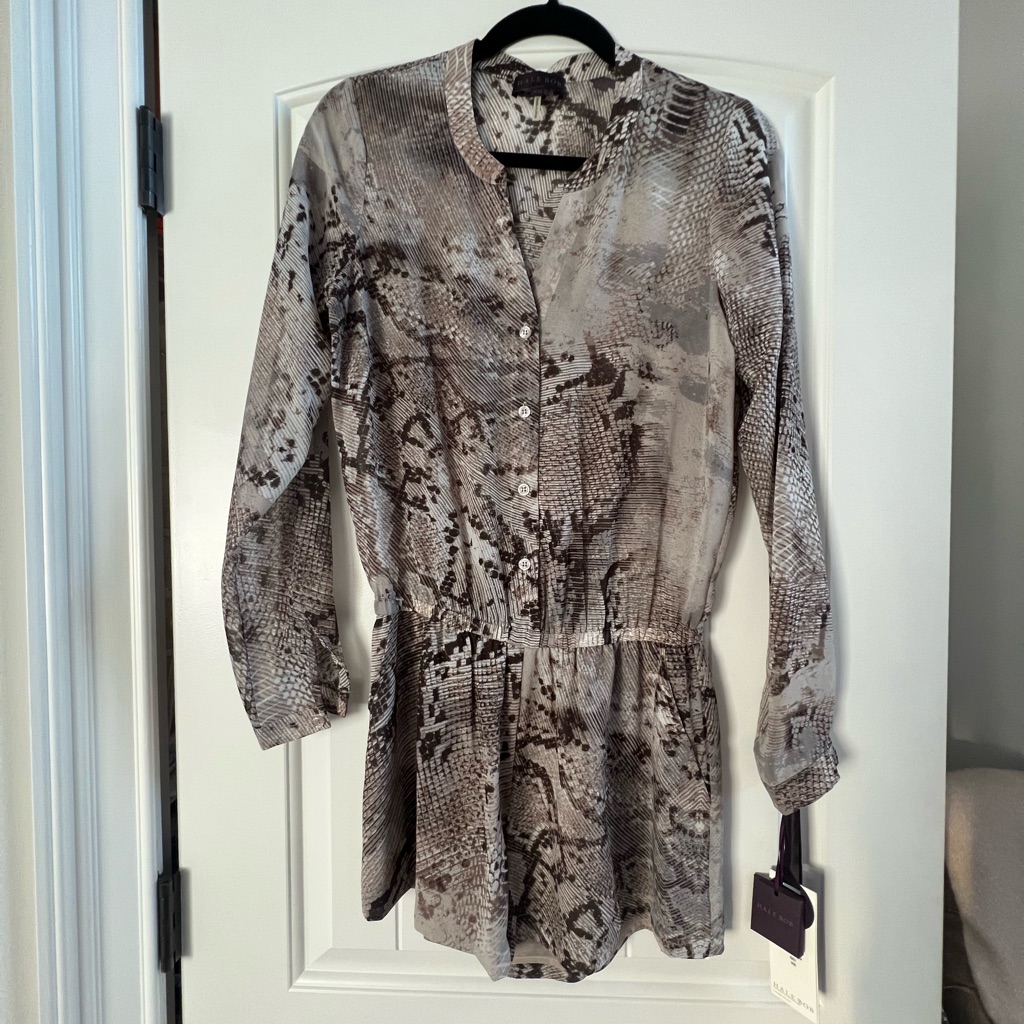 Hale Bob Silk Romper Snake Python Print Shorts Long Sleeve Nwt